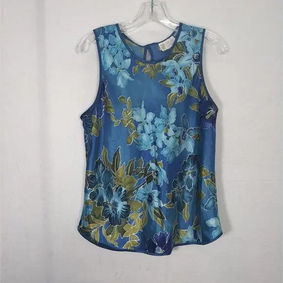 Vintage California Dynasty Blue Floral Satin Pajama Lounge Set Top Pants Medium - Picture 3 of 16